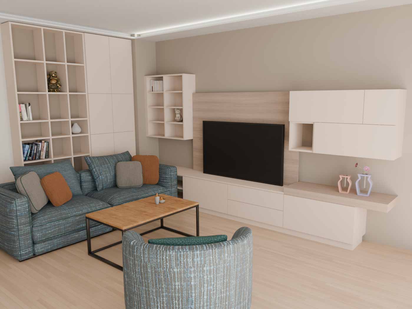 3D-Visualisierung eines Wohnraums mit geplanter Inneneinrichtung
